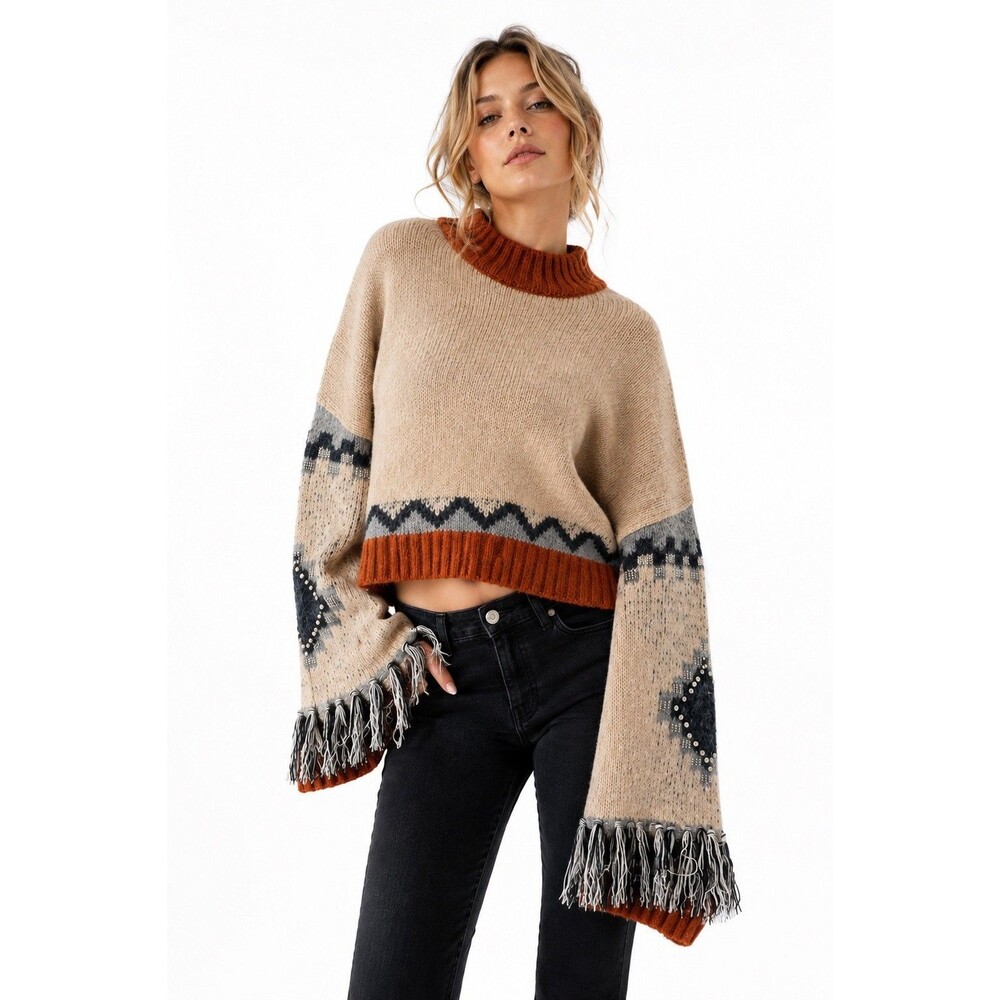 Angie Boho Fringe Bell Sleeve Cropped Sweater Rust Cream Gray Size S